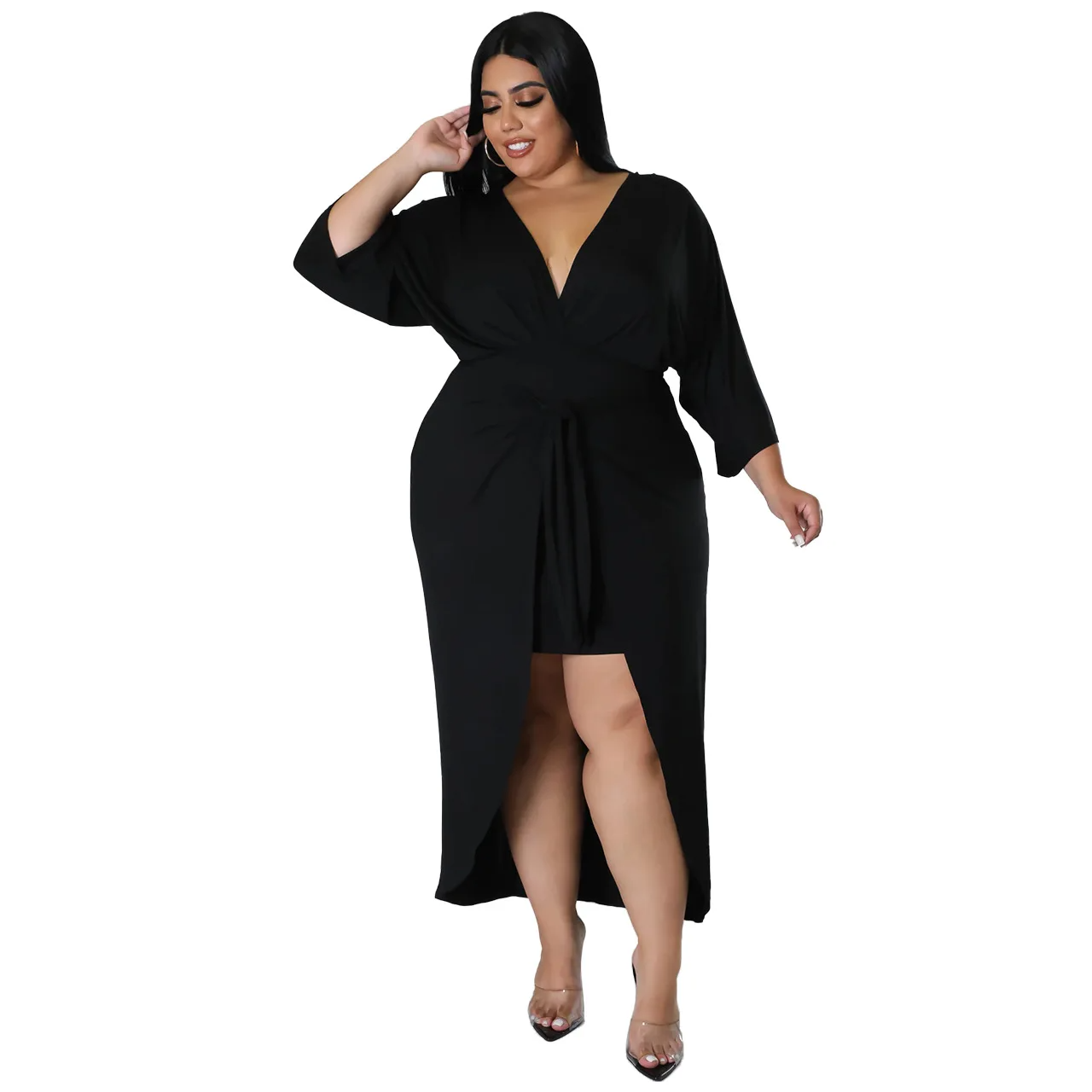 Vestido de Manga Plus Size três quartos