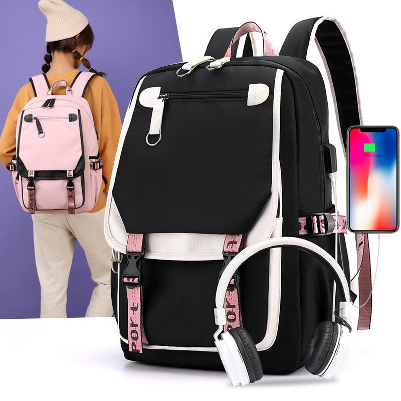 Mochila escolar de lona porta USB